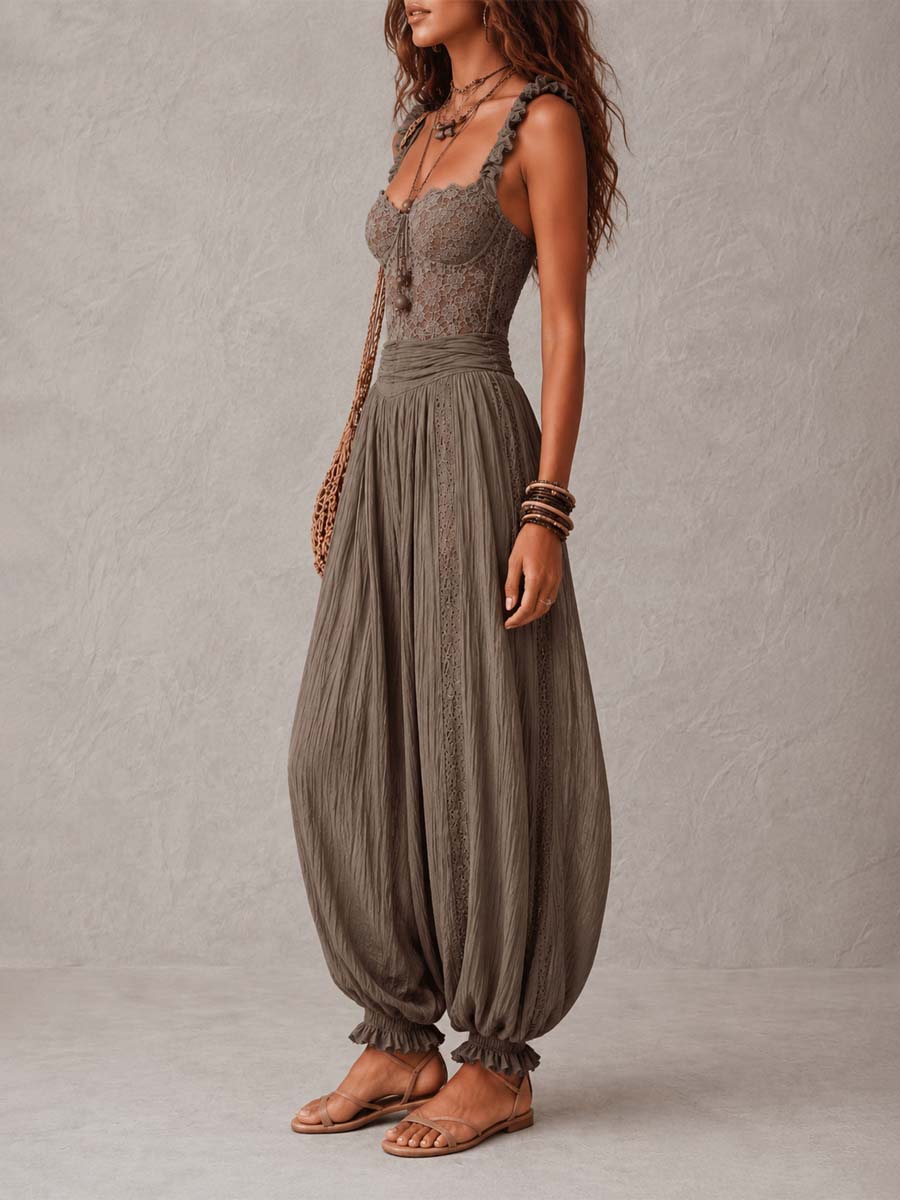Macarena | Conjunto de bandeau de encaje gris y pantalones harem plisados