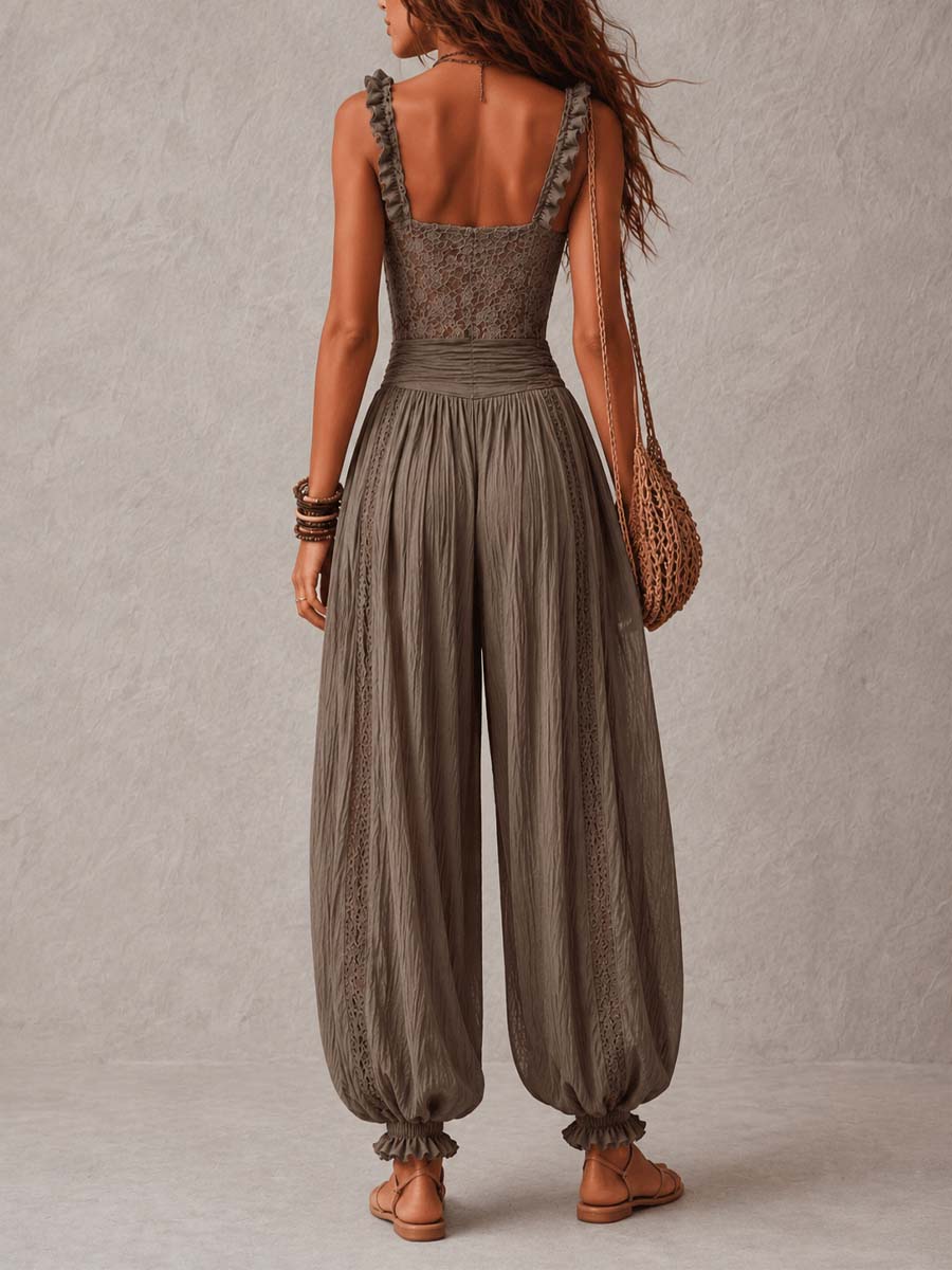 Macarena | Conjunto de bandeau de encaje gris y pantalones harem plisados