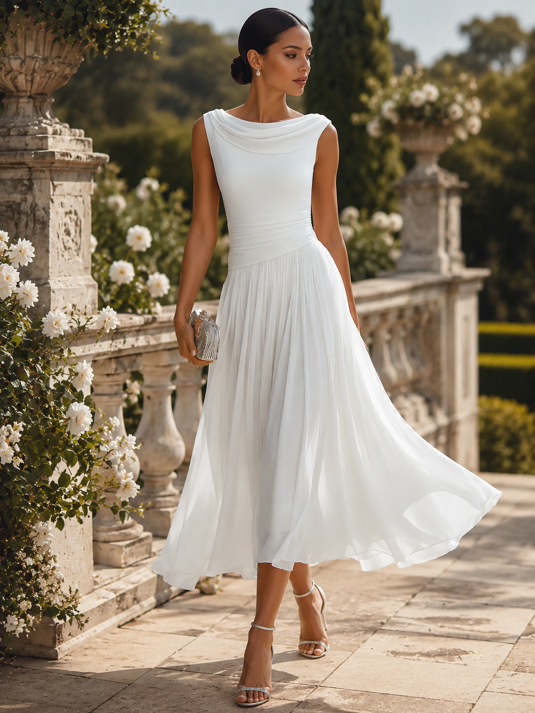 Miriam | Vestido midi sin mangas, con pliegues y escote drapeado