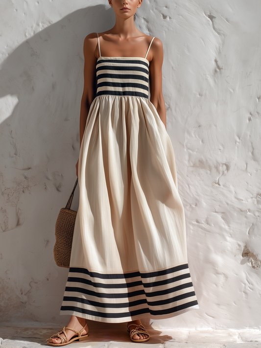 Ana · Vestido largo a rayas negras y beige con tirantes finos