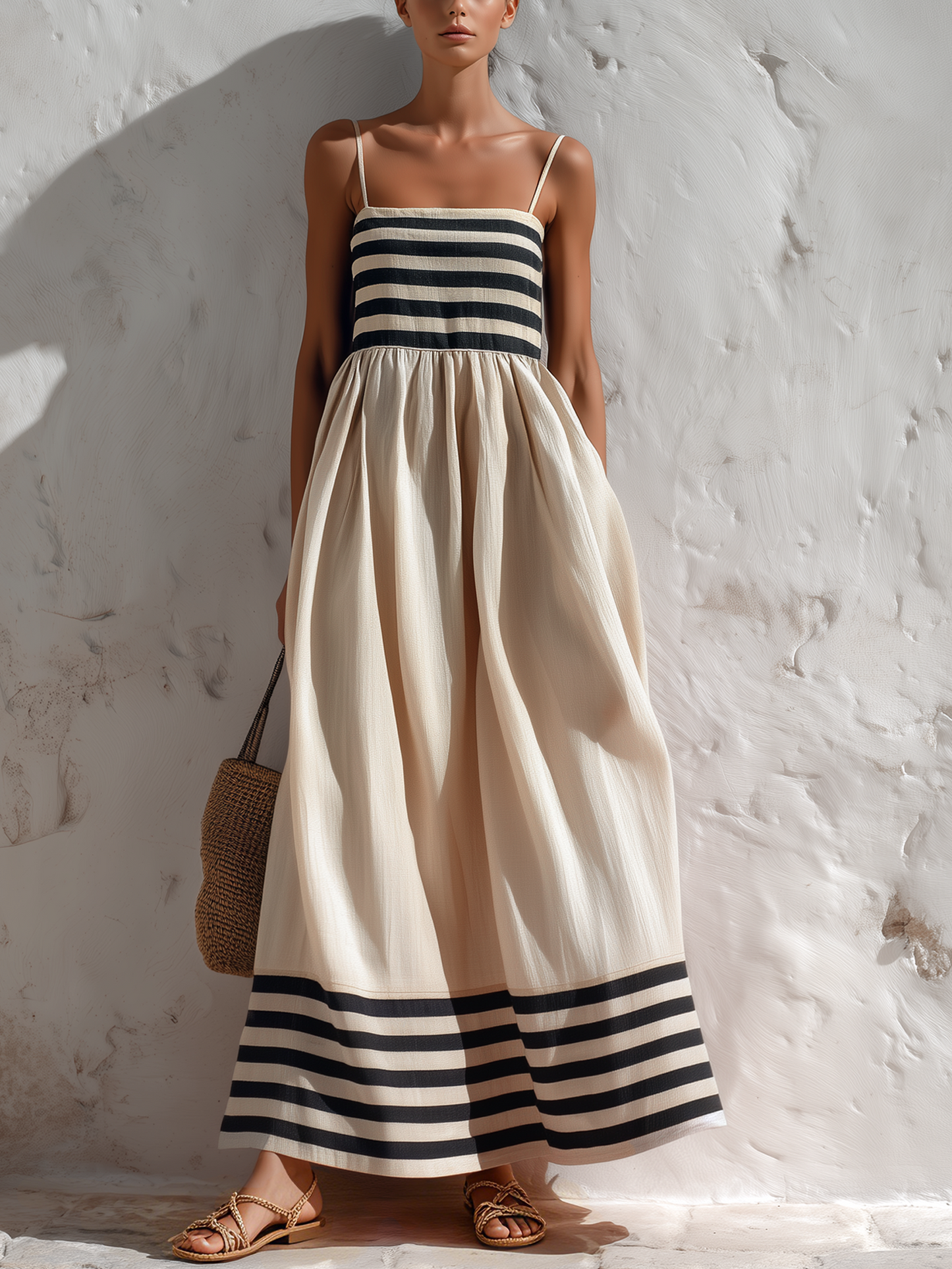 Ana | Vestido largo a rayas negras y beige con tirantes finos