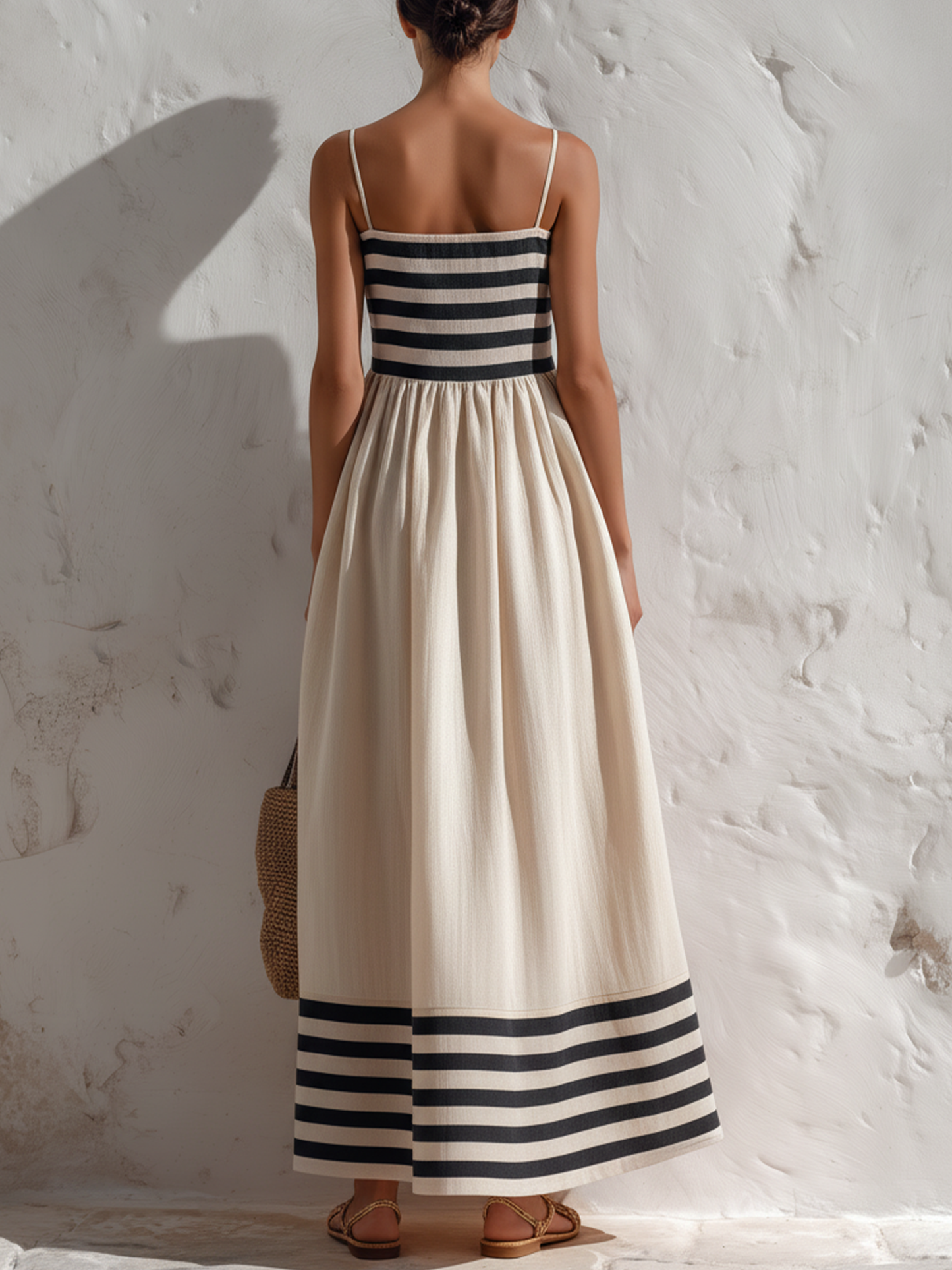 Ana | Vestido largo a rayas negras y beige con tirantes finos