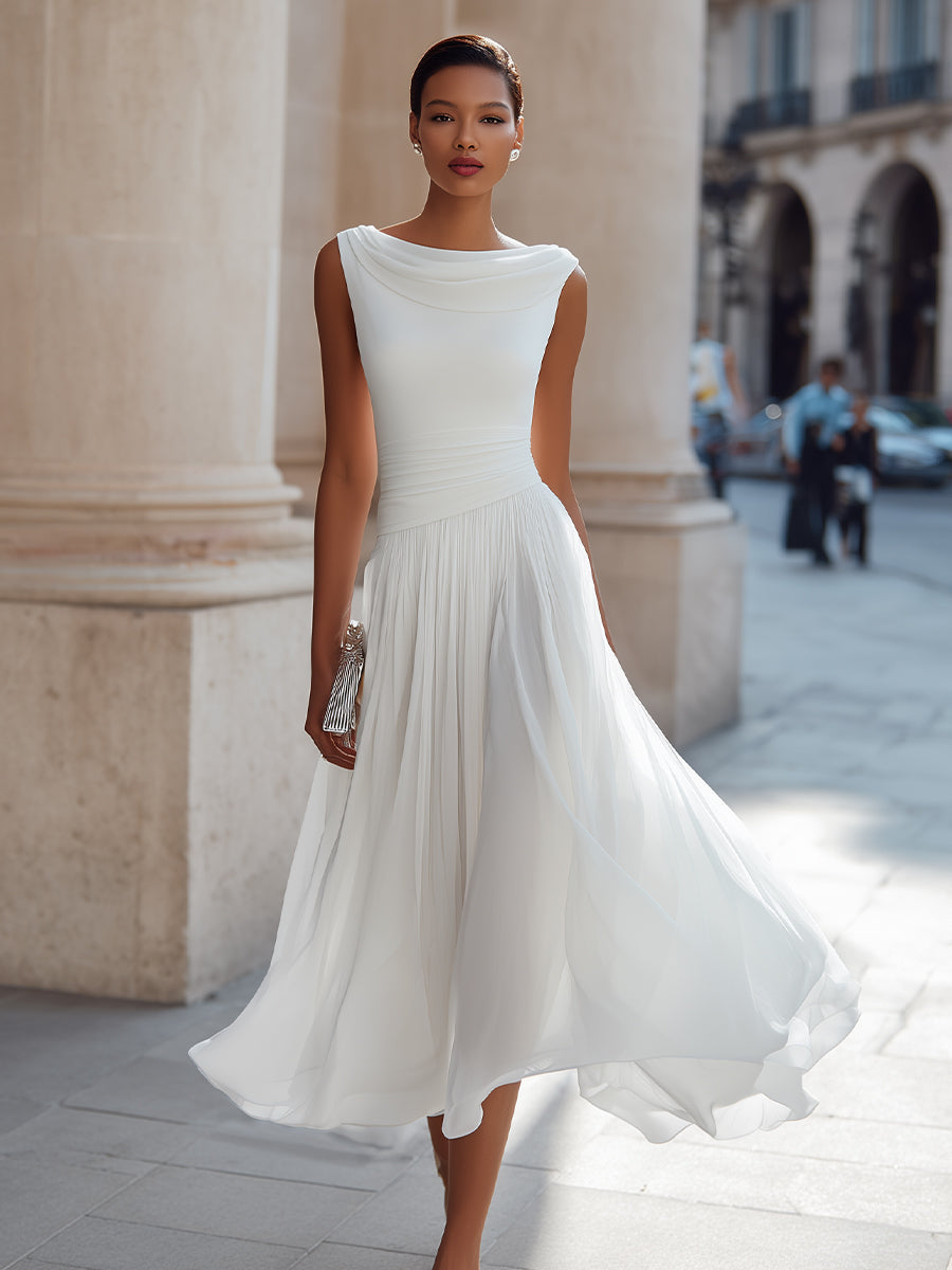 Miriam | Vestido midi sin mangas, con pliegues y escote drapeado