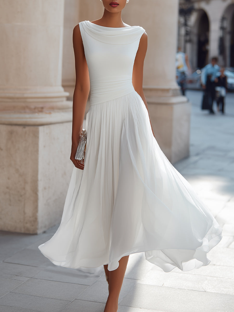 Miriam | Vestido midi sin mangas, con pliegues y escote drapeado