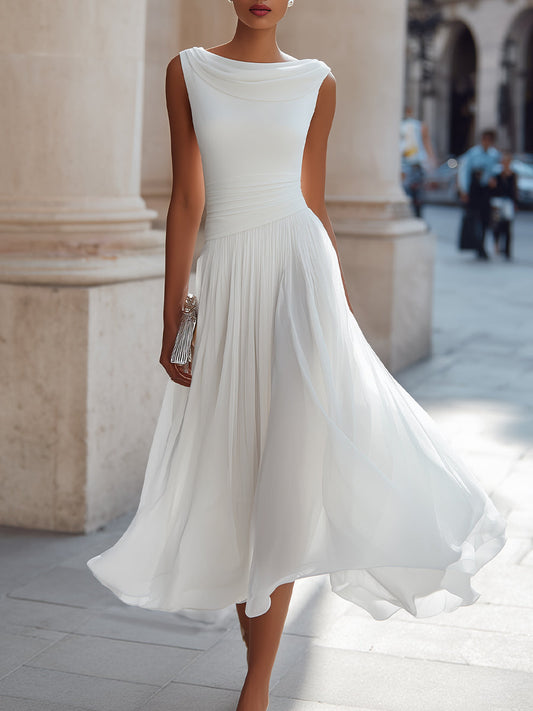 Miriam | Vestido midi sin mangas, con pliegues y escote drapeado