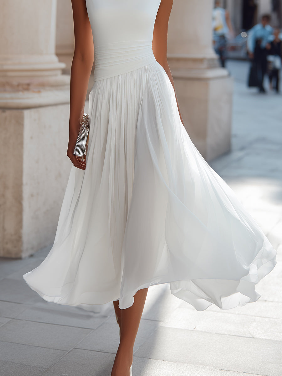 Miriam | Vestido midi sin mangas, con pliegues y escote drapeado