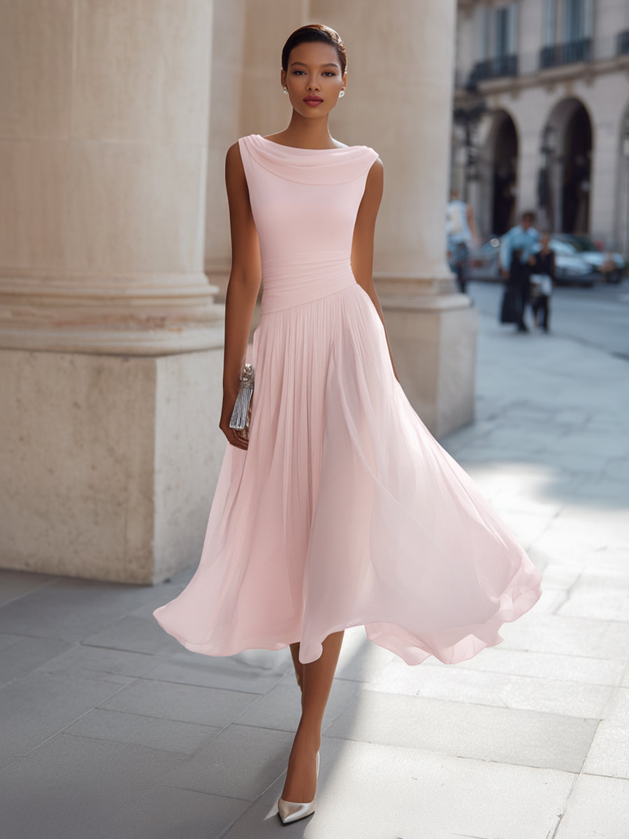 Miriam | Vestido midi sin mangas, con pliegues y escote drapeado