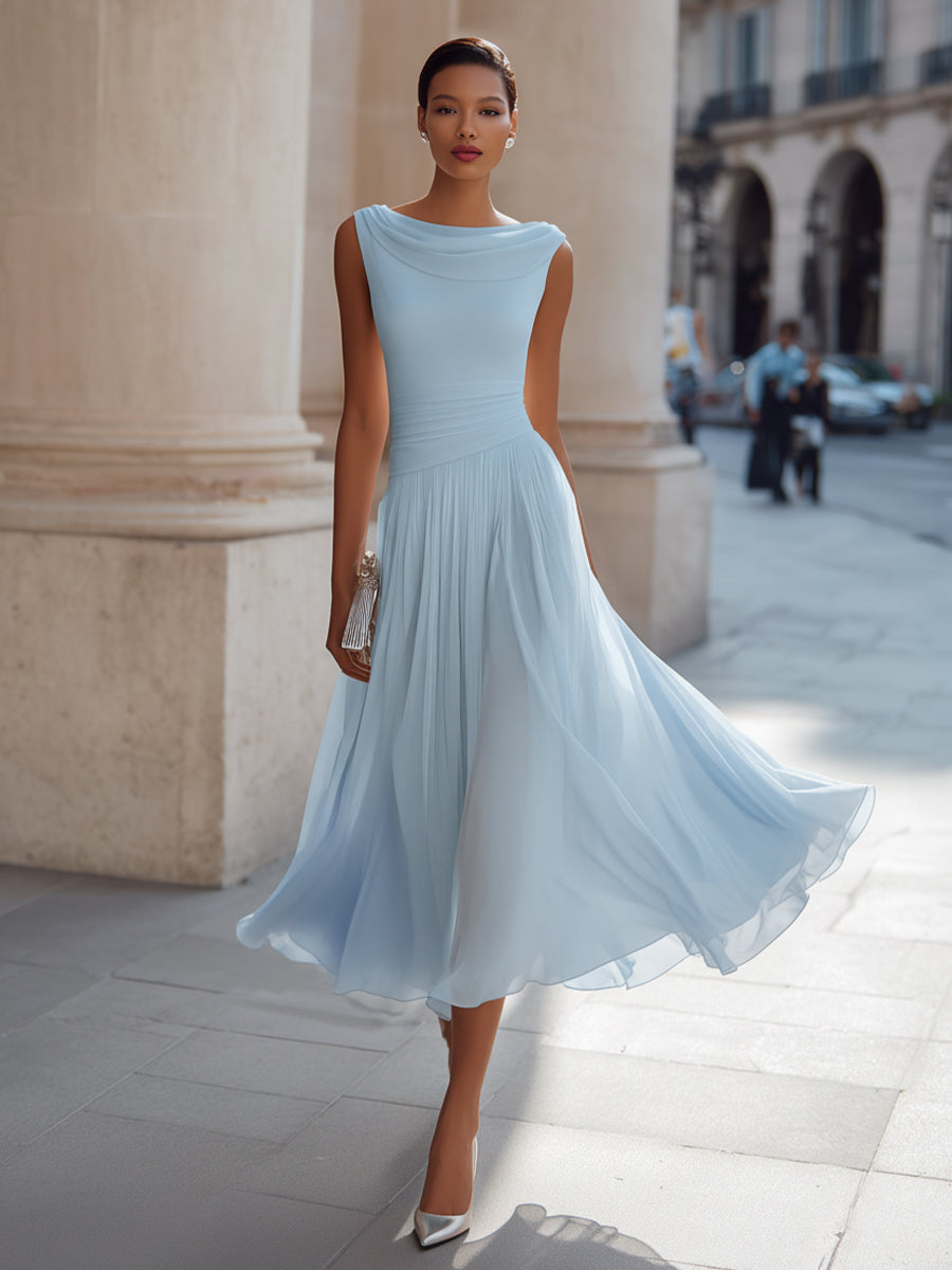 Miriam | Vestido midi sin mangas, con pliegues y escote drapeado