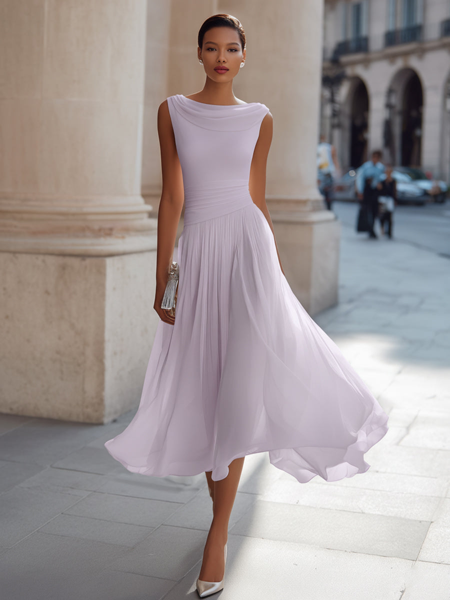 Miriam | Vestido midi sin mangas, con pliegues y escote drapeado