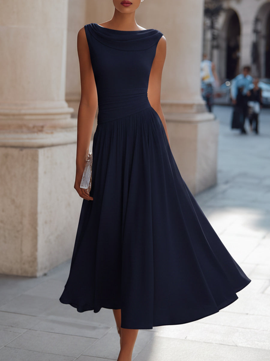 Miriam | Vestido midi sin mangas, con pliegues y escote drapeado