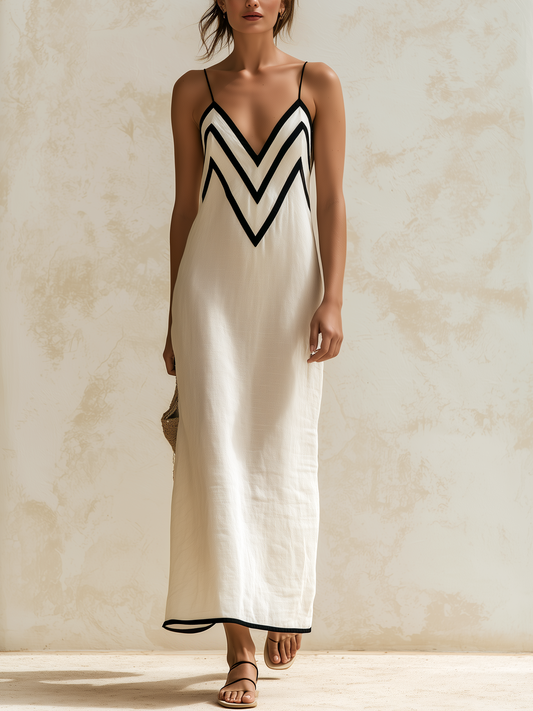 Inma · Vestido largo estilo slip con bordes en contraste con motivo chevron
