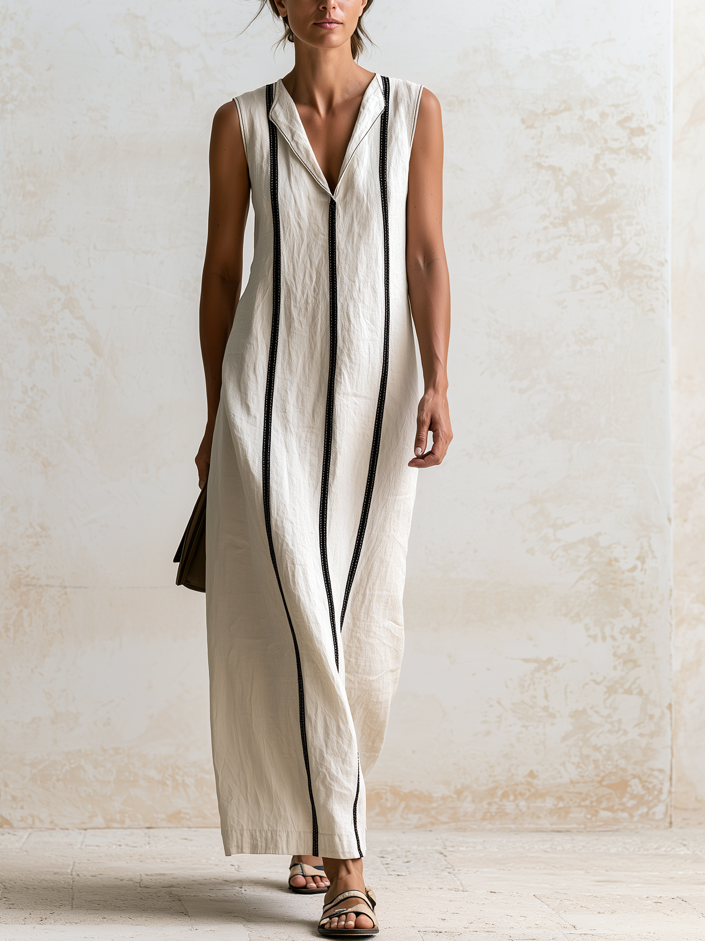 Julia | Vestido recto midi de lino sin mangas, con solapa y rayas verticales en contraste