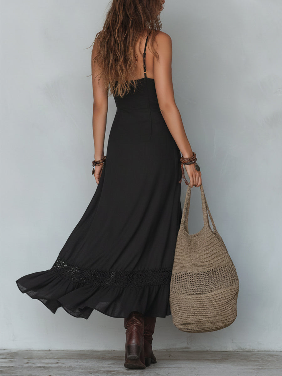 Dámaris | Vestido largo de estilo retro de Tencel con ribete de encaje y bajo irregular