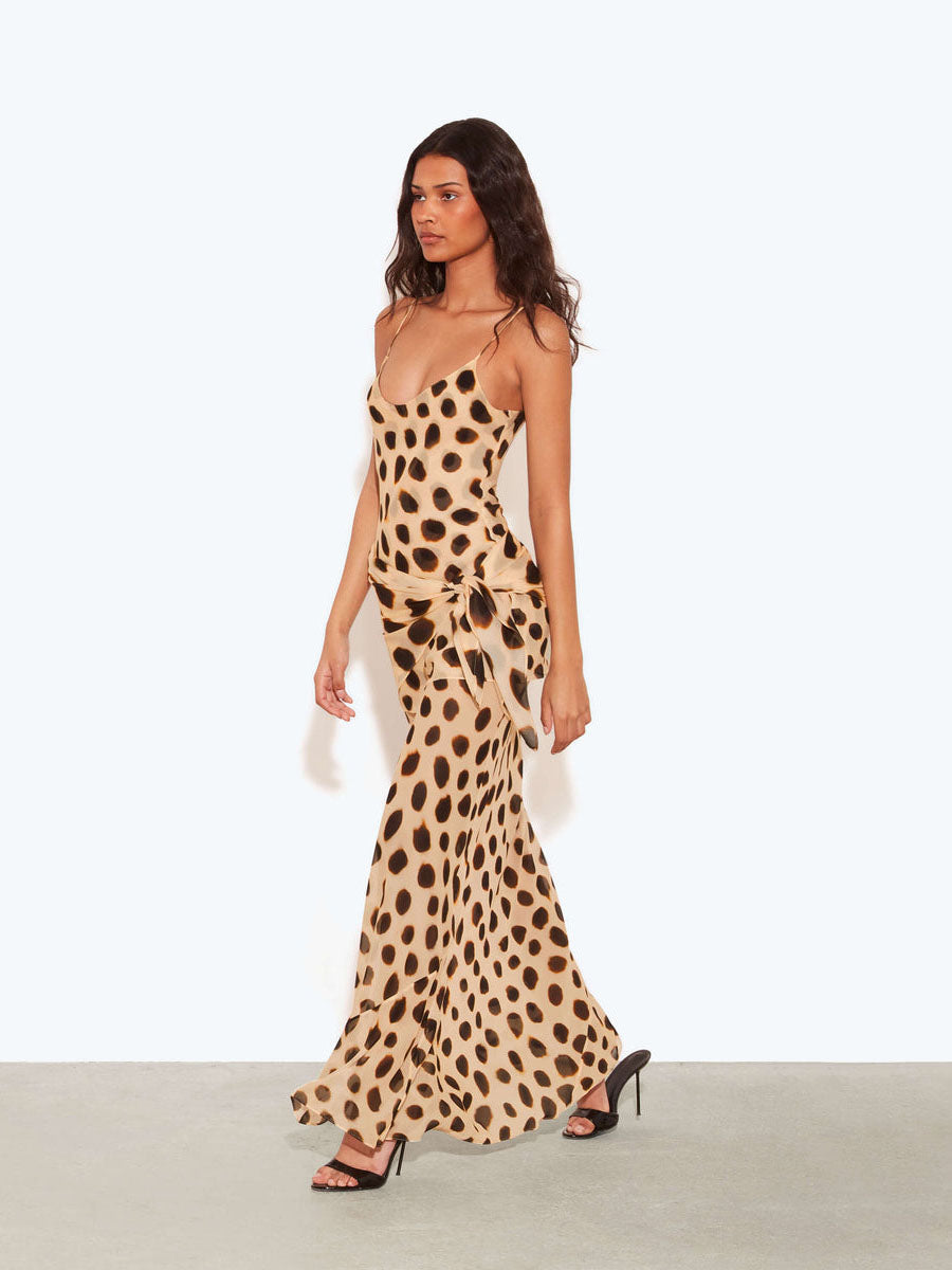 Clara | Vestido maxi con estampado de lunares de animales