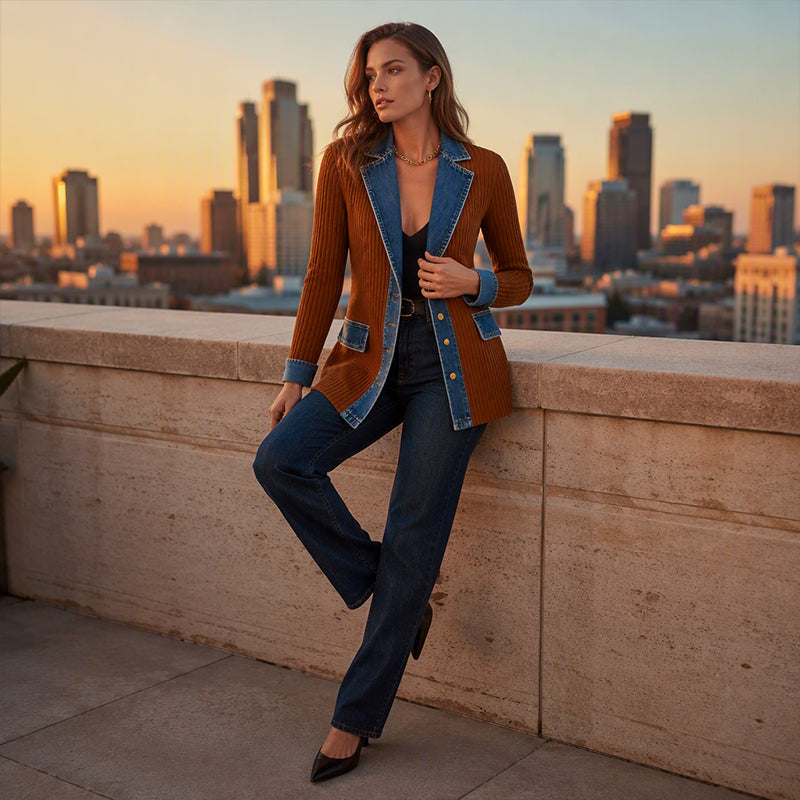 Elegante cardigan a coste da donna con inserti in denim