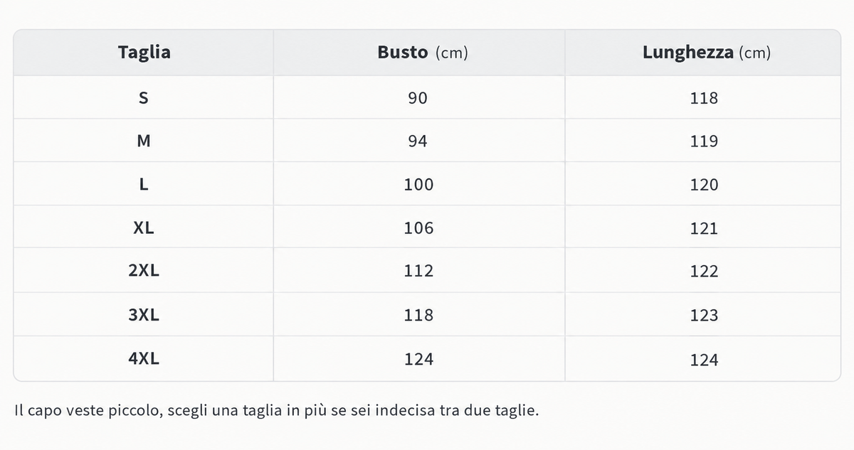 Tabla de tallas de Catalina - Tuta lunga dal drappeggio elegante