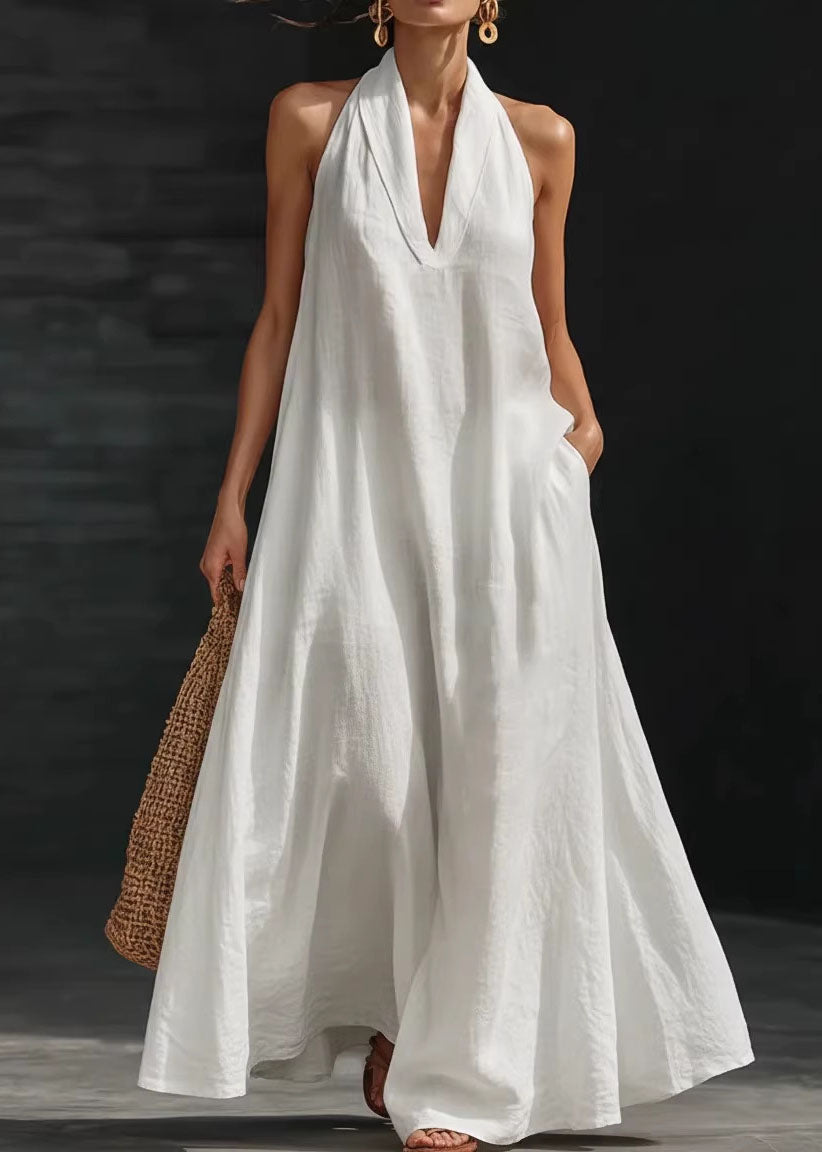 Encarna | Elegante vestido de algodón sin mangas, con cuello en V, bolsillos y corte halter.