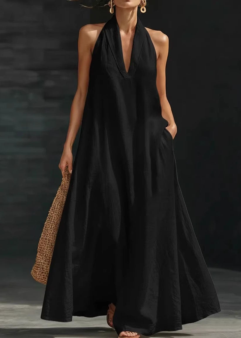 Encarna | Elegante vestido de algodón sin mangas, con cuello en V, bolsillos y corte halter.