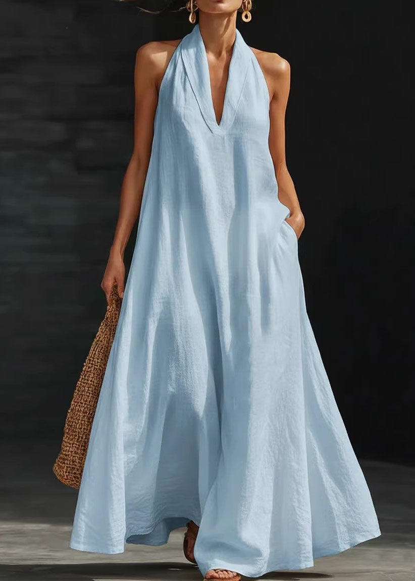 Encarna | Elegante vestido de algodón sin mangas, con cuello en V, bolsillos y corte halter.