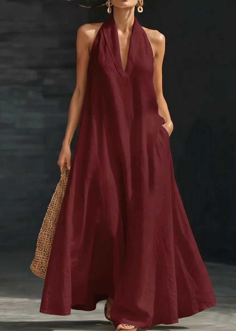 Encarna | Elegante vestido de algodón sin mangas, con cuello en V, bolsillos y corte halter.
