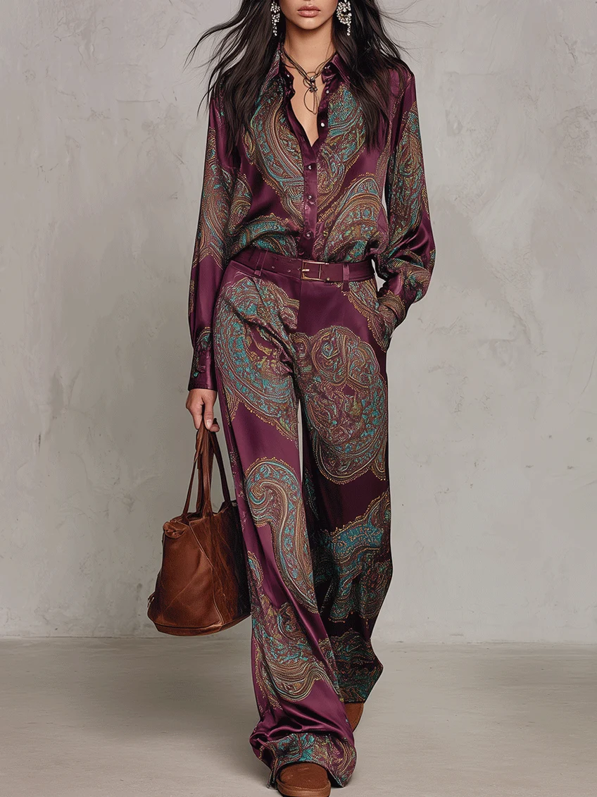 Conjunto de camisa de manga larga de satén con estampado paisley burdeos y morado y pantalones de pierna ancha