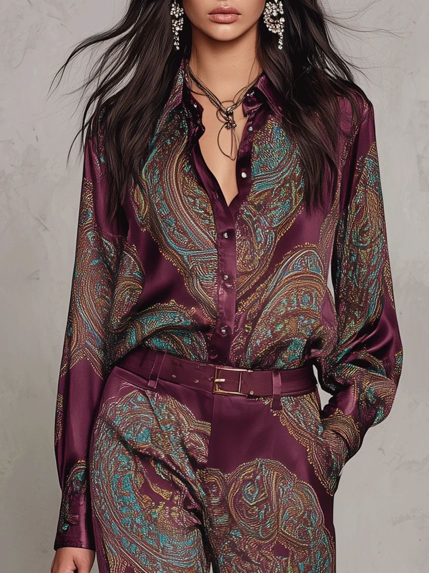 Conjunto de camisa de manga larga de satén con estampado paisley burdeos y morado y pantalones de pierna ancha