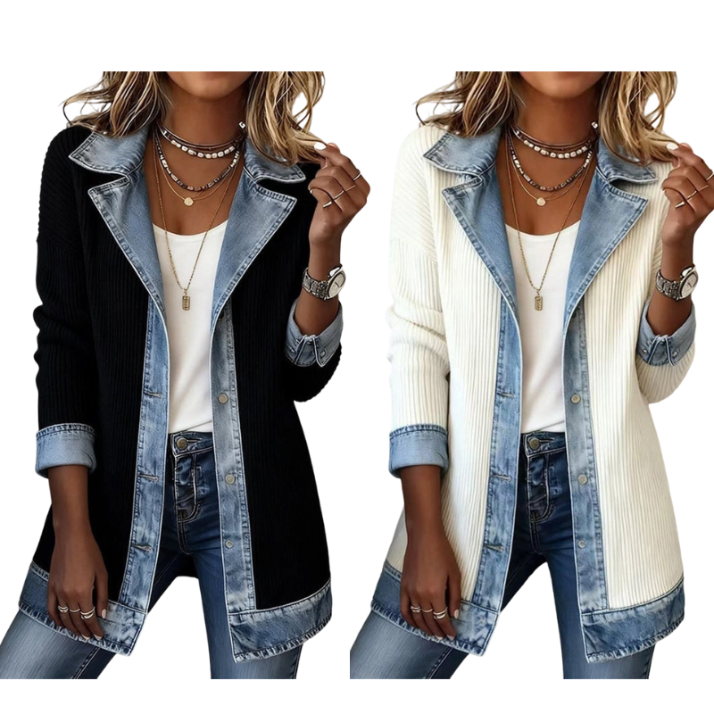 Elegante cardigan a coste da donna con inserti in denim