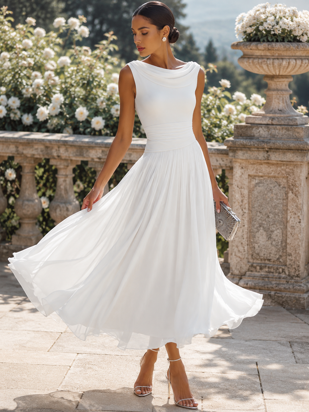 Miriam | Vestido midi sin mangas, con pliegues y escote drapeado