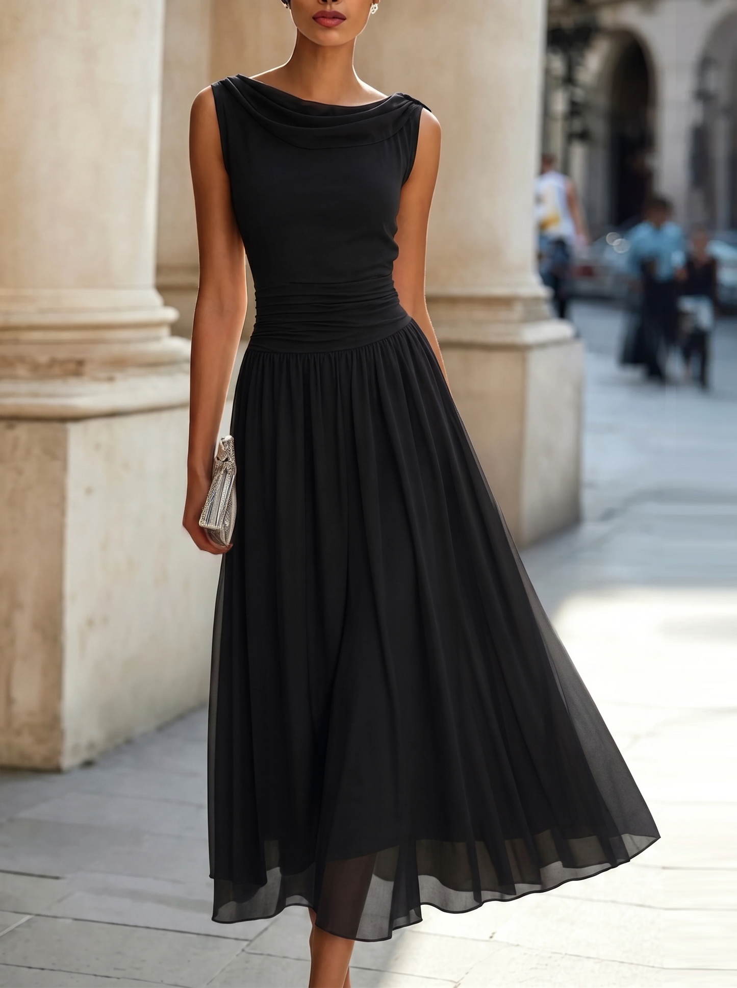 Miriam | Vestido midi sin mangas, con pliegues y escote drapeado