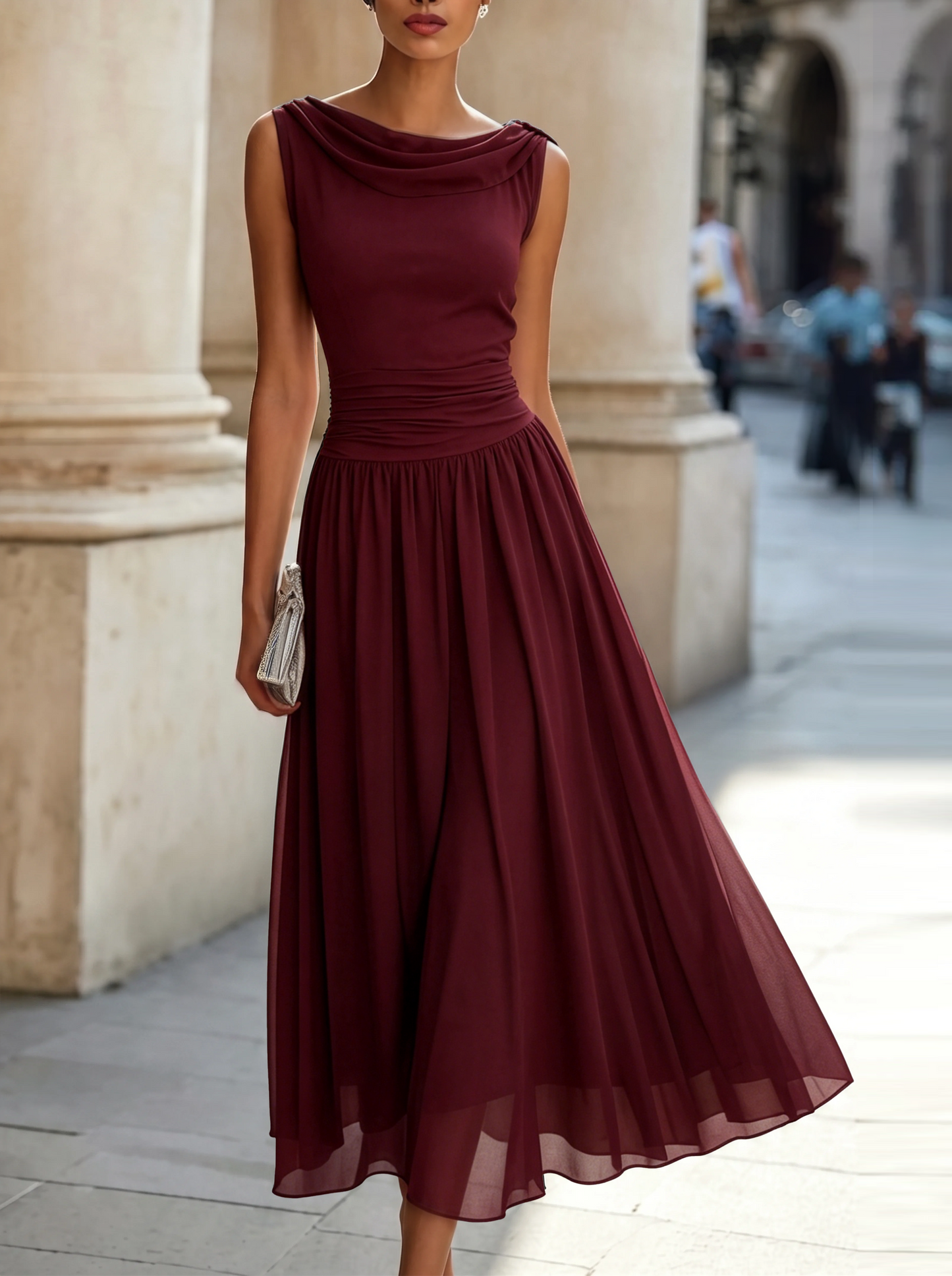 Miriam | Vestido midi sin mangas, con pliegues y escote drapeado