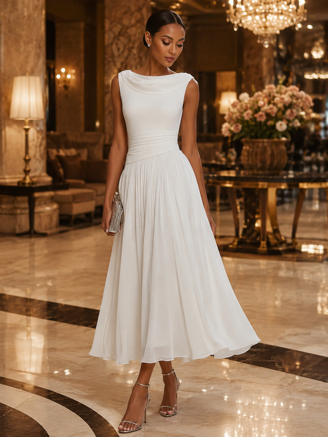 Miriam | Vestido midi sin mangas, con pliegues y escote drapeado