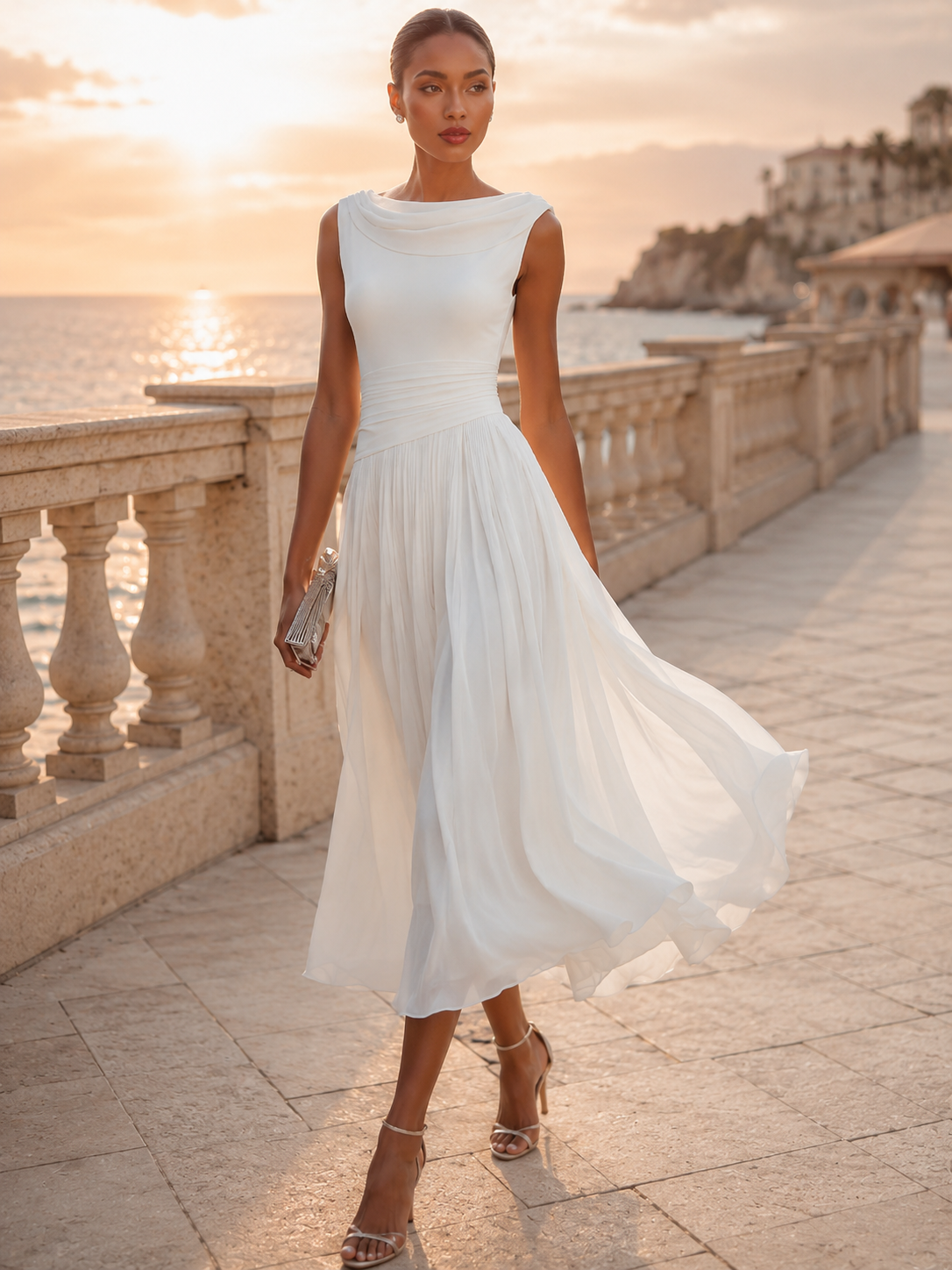 Miriam | Vestido midi sin mangas, con pliegues y escote drapeado
