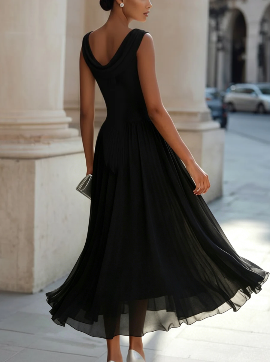 Miriam | Vestido midi sin mangas, con pliegues y escote drapeado
