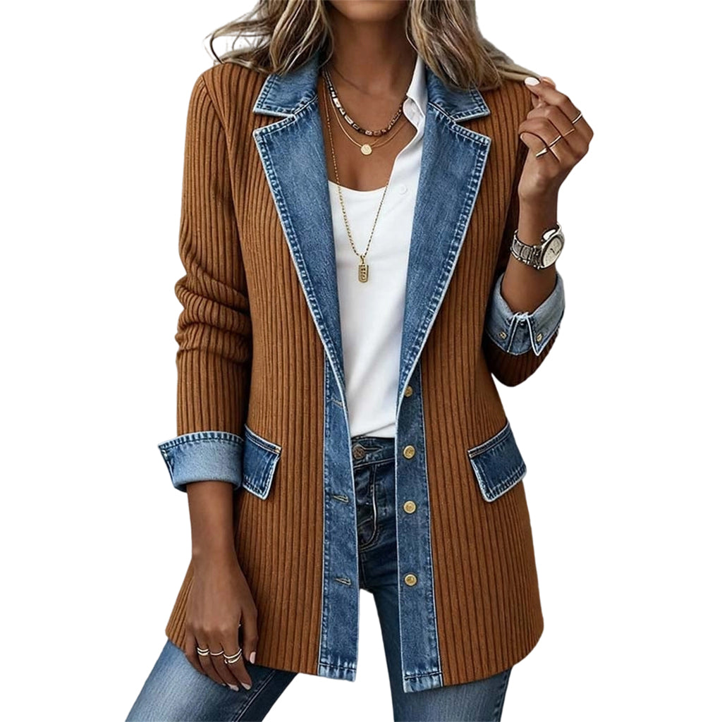 Elegante cardigan a coste da donna con inserti in denim