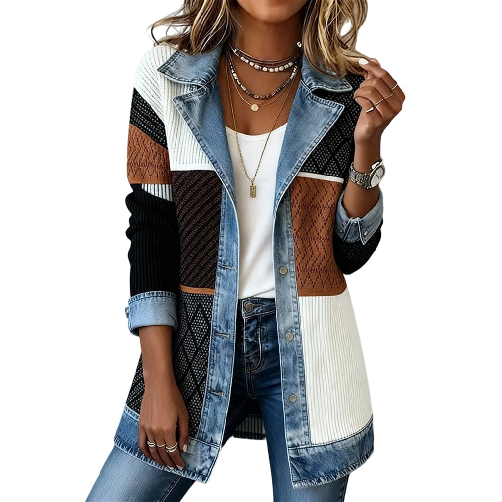 Elegante cardigan a coste da donna con inserti in denim