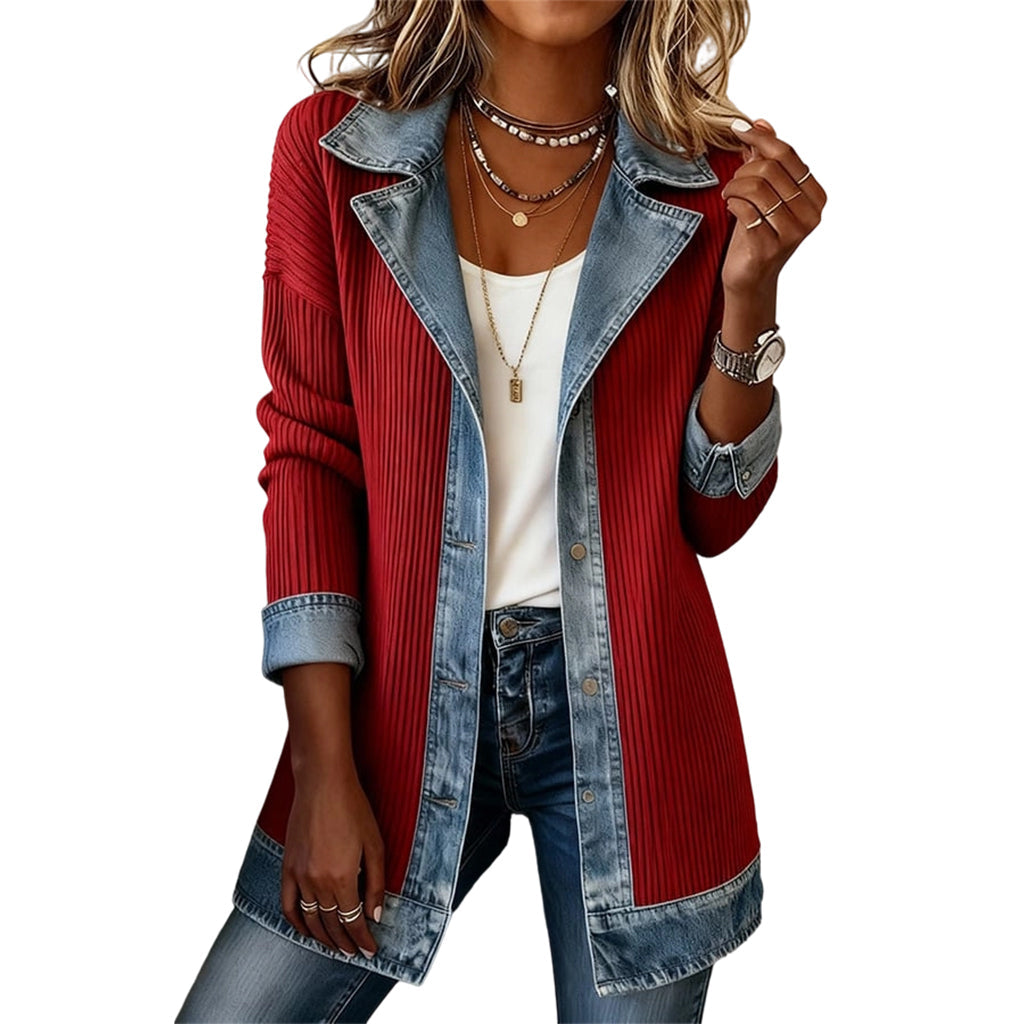 Elegante cardigan a coste da donna con inserti in denim