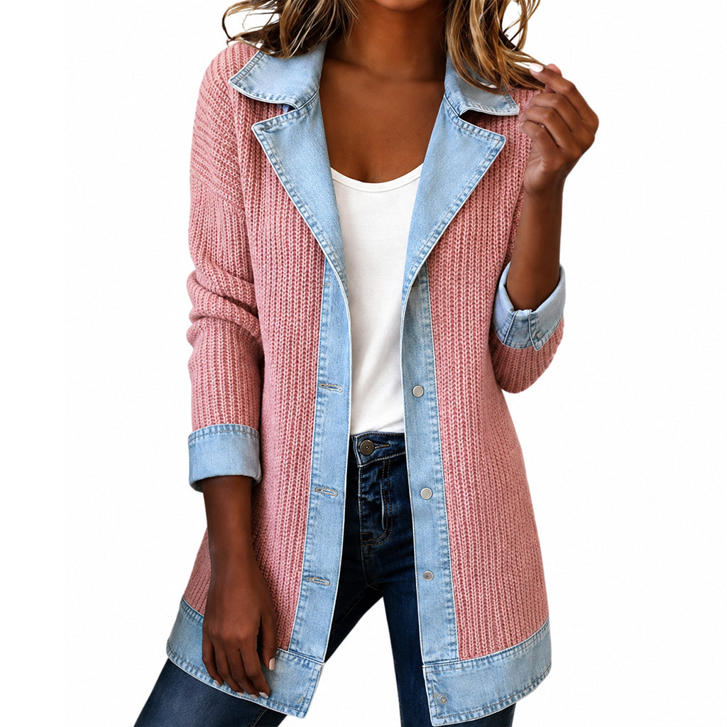 Elegante cardigan a coste da donna con inserti in denim