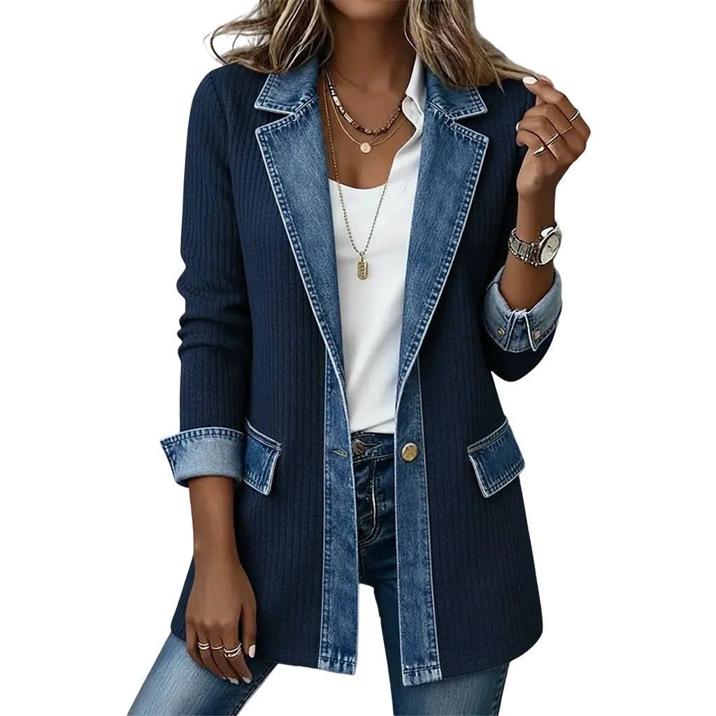 Elegante cardigan a coste da donna con inserti in denim