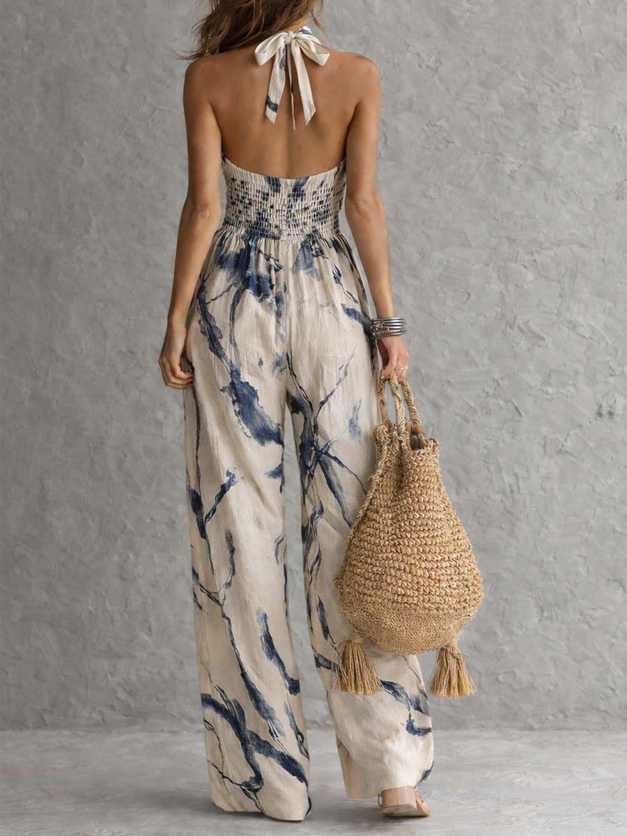 Violeta | Mono de manga ancha con cuello halter, estampado y bolsillos