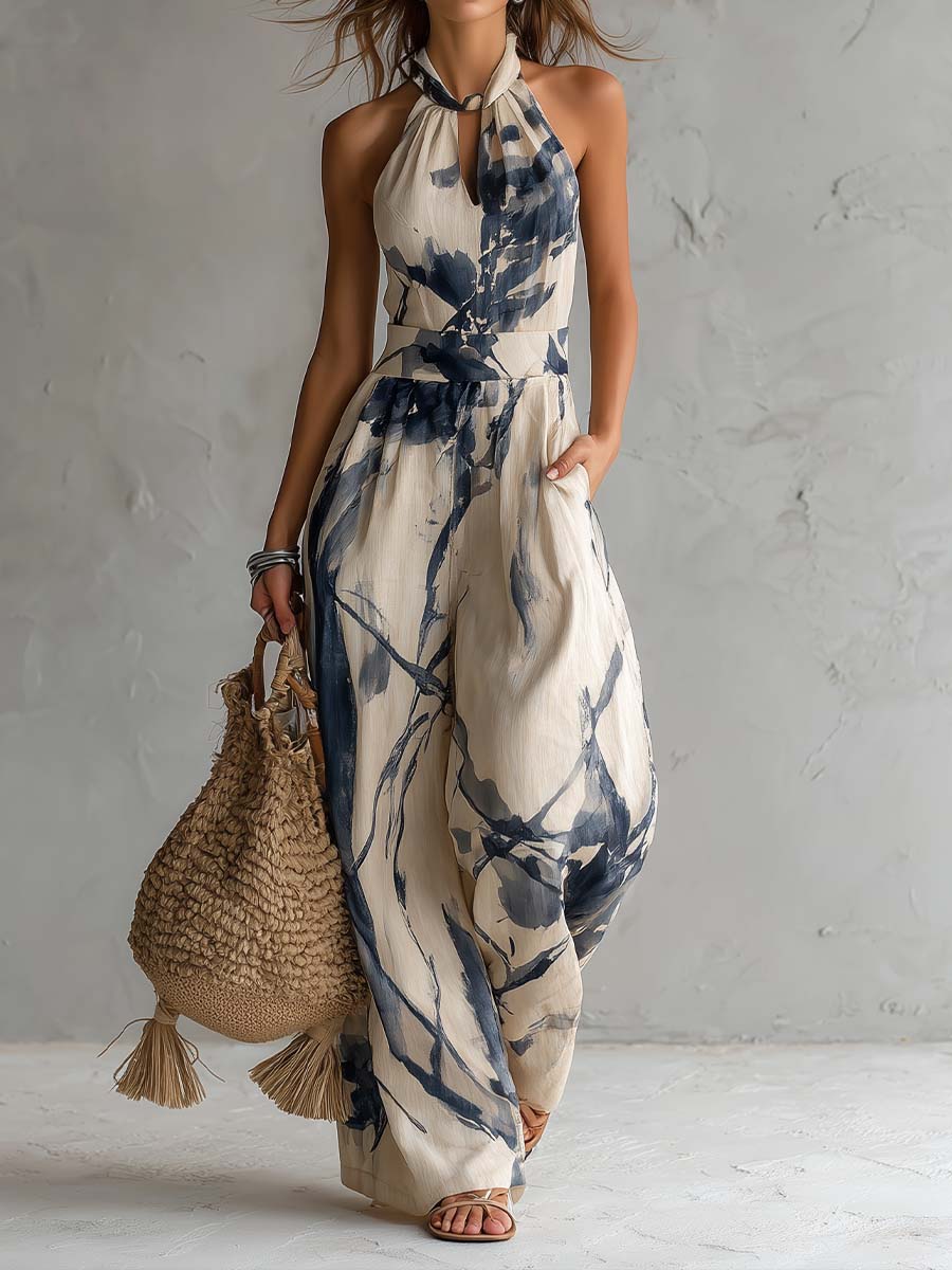 Violeta | Mono de manga ancha con cuello halter, estampado y bolsillos