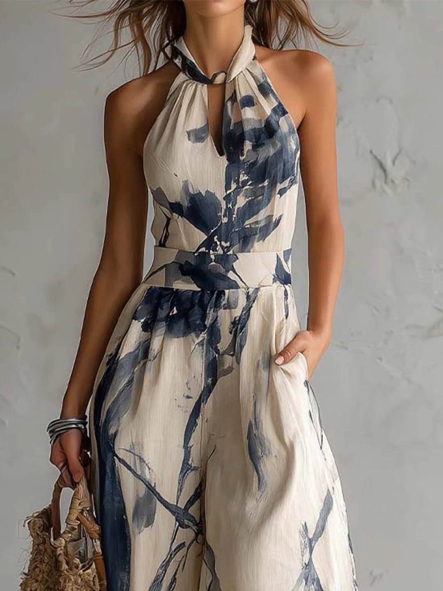 Violeta | Mono de manga ancha con cuello halter, estampado y bolsillos