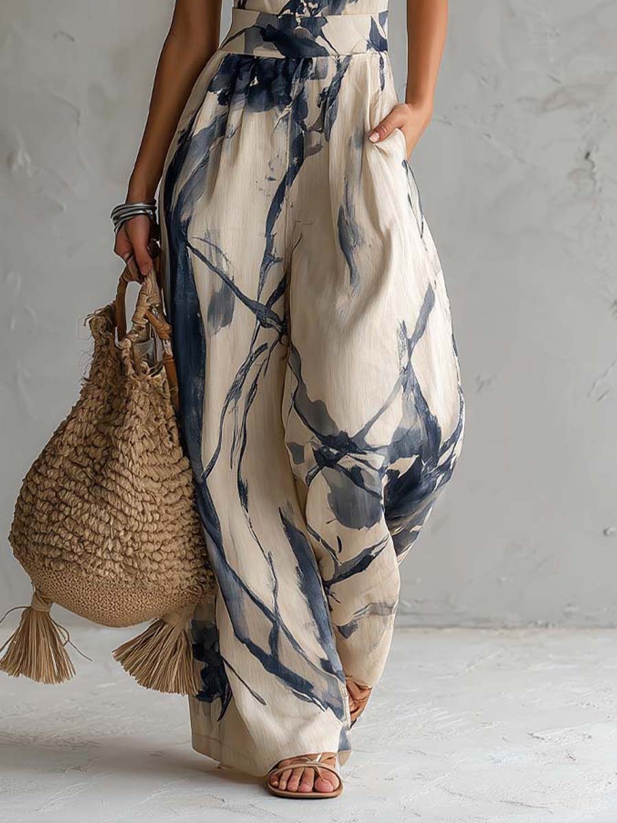 Violeta | Mono de manga ancha con cuello halter, estampado y bolsillos