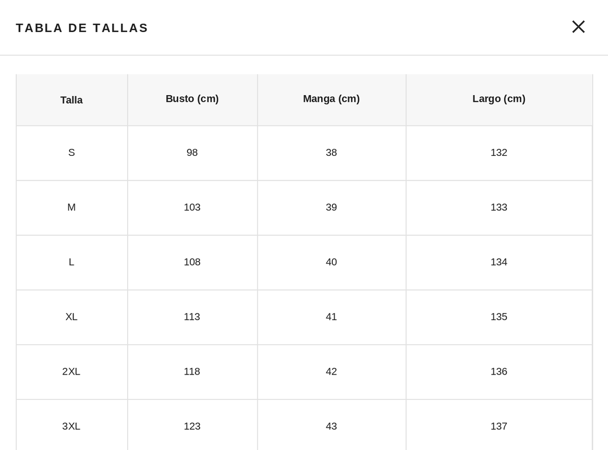 Tabla de tallas de Sofi | Vestido ergonómico atemporal